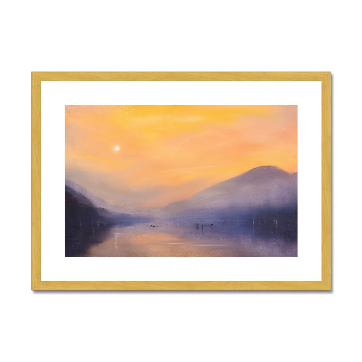 Loch Eck Dusk Painting | Antique Framed & Mounted Prints From Scotland-Antique Framed & Mounted Prints-Scottish Lochs & Mountains Art Gallery-A2 Landscape-Gold Frame-Paintings, Prints, Homeware, Art Gifts From Scotland By Scottish Artist Kevin Hunter