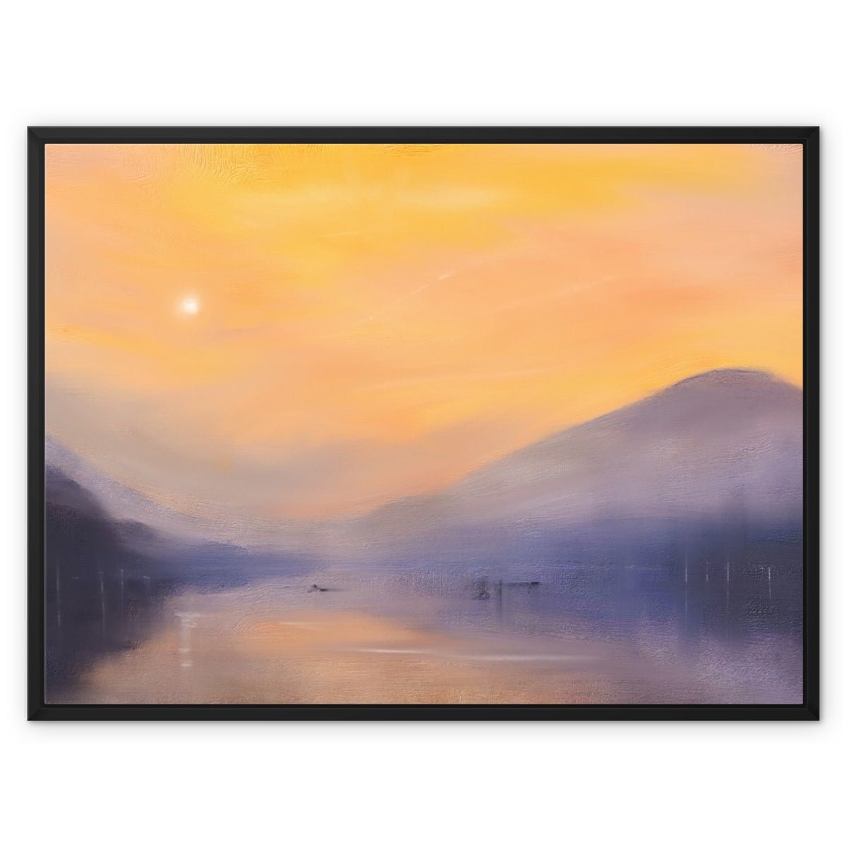 Loch Eck Dusk Painting | Framed Canvas From Scotland-Floating Framed Canvas Prints-Scottish Lochs & Mountains Art Gallery-32"x24"-Black Frame-Paintings, Prints, Homeware, Art Gifts From Scotland By Scottish Artist Kevin Hunter