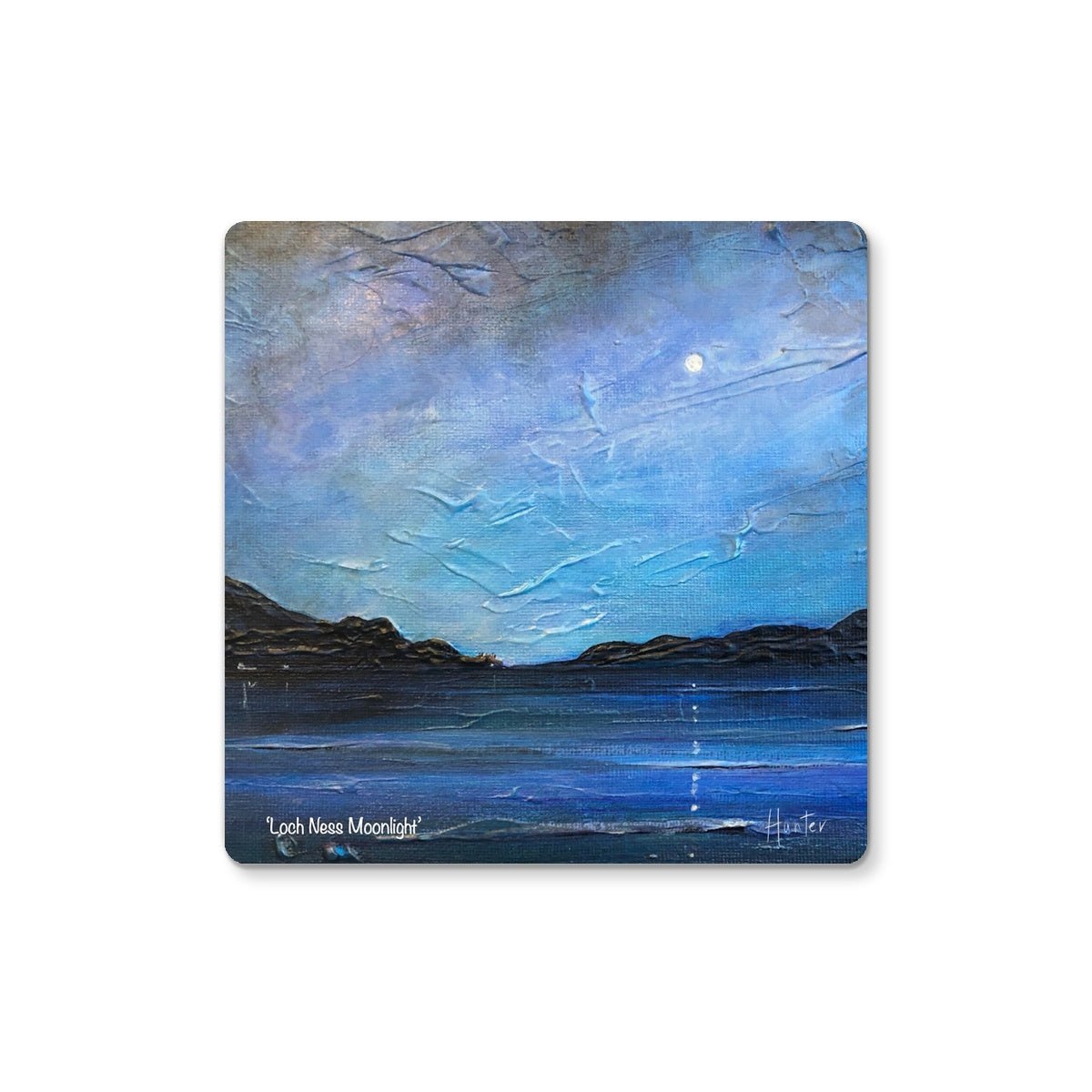 Loch Ness Moonlight Art Gifts Coaster-Coasters-Scottish Lochs & Mountains Art Gallery-Single Coaster-Paintings, Prints, Homeware, Art Gifts From Scotland By Scottish Artist Kevin Hunter