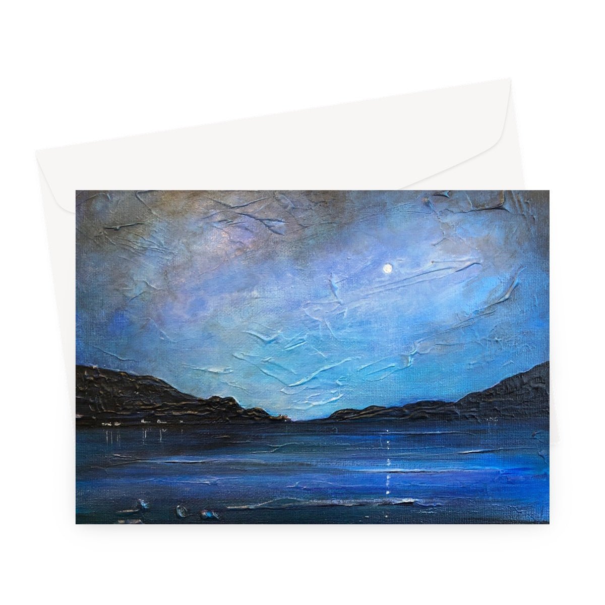 Loch Ness Moonlight Art Gifts Greeting Card-Greetings Cards-Scottish Lochs & Mountains Art Gallery-A5 Landscape-1 Card-Paintings, Prints, Homeware, Art Gifts From Scotland By Scottish Artist Kevin Hunter