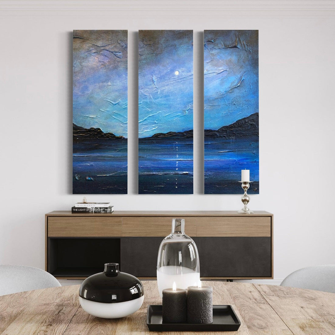 Loch Ness Moonlight Painting Signed Fine Art Triptych Canvas