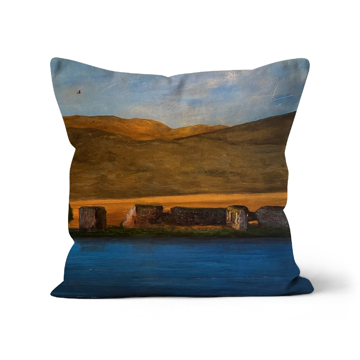 Lochindorb Castle Art Gifts Cushion | Scottish Lochs & Mountains Art Gallery | Paintings, Prints, Homeware and Art Gifts From Scotland By Scottish Artist Kevin Hunter