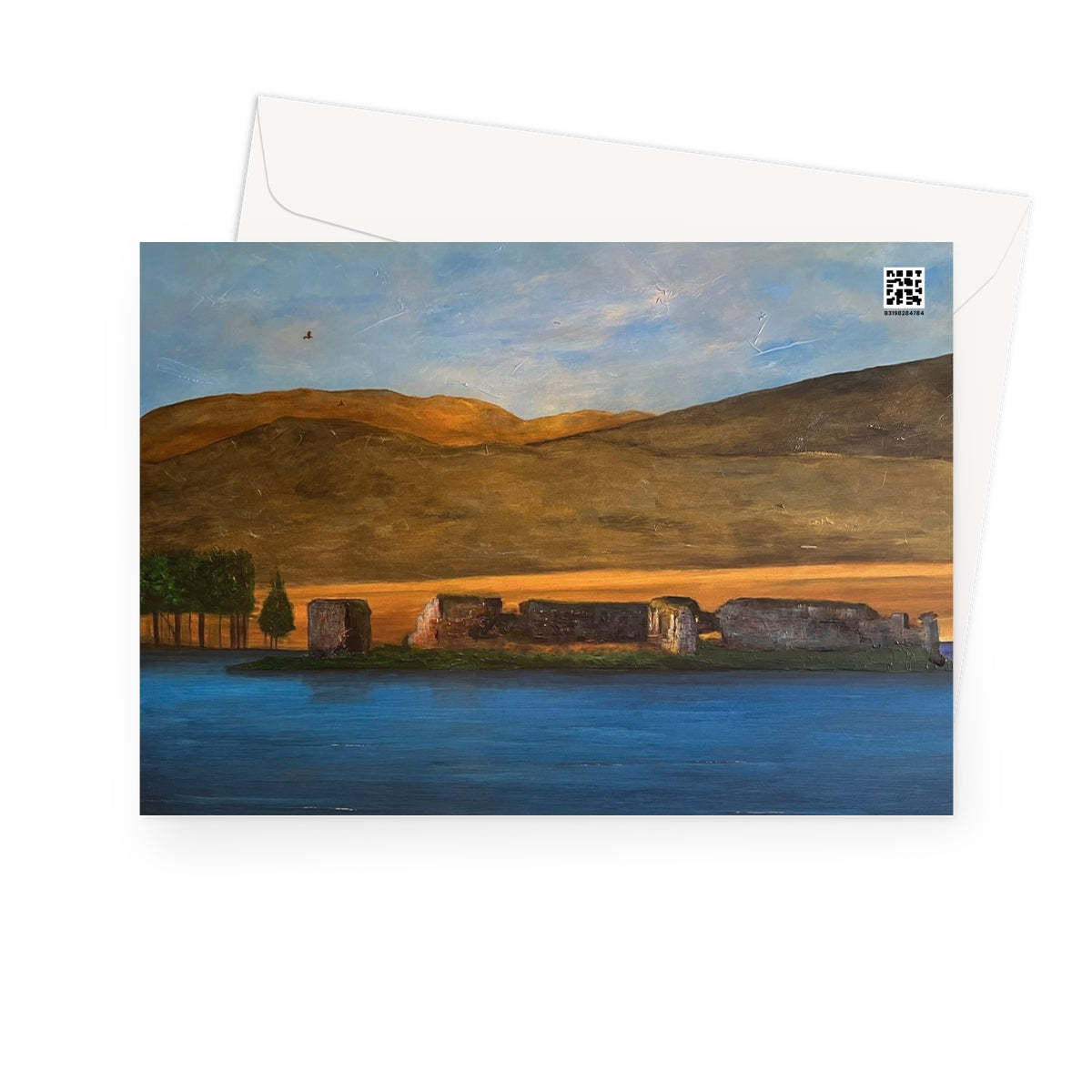 Lochindorb Castle Scottish Art Gifts Greeting Card | Scottish Lochs &amp; Mountains Art Gallery | Paintings, Prints, Homeware and Art Gifts From Scotland By Scottish Artist Kevin Hunter