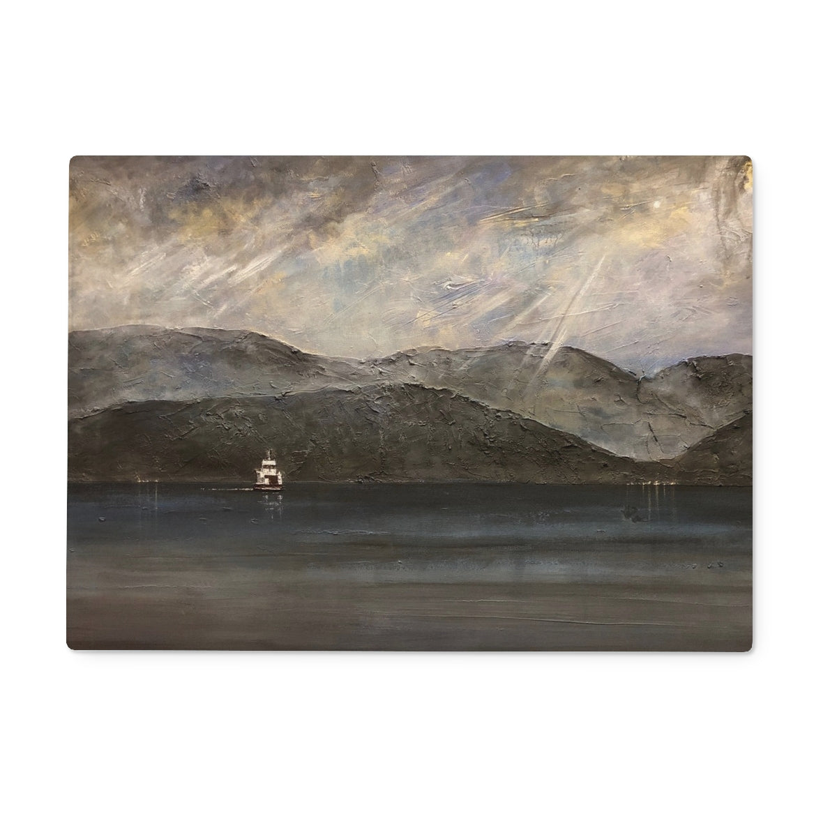 Lochranza Moonlit Ferry Arran Art Gifts Glass Chopping Board | Arran Art Gallery | Paintings, Prints, Homeware and Art Gifts From Scotland By Scottish Artist Kevin Hunter