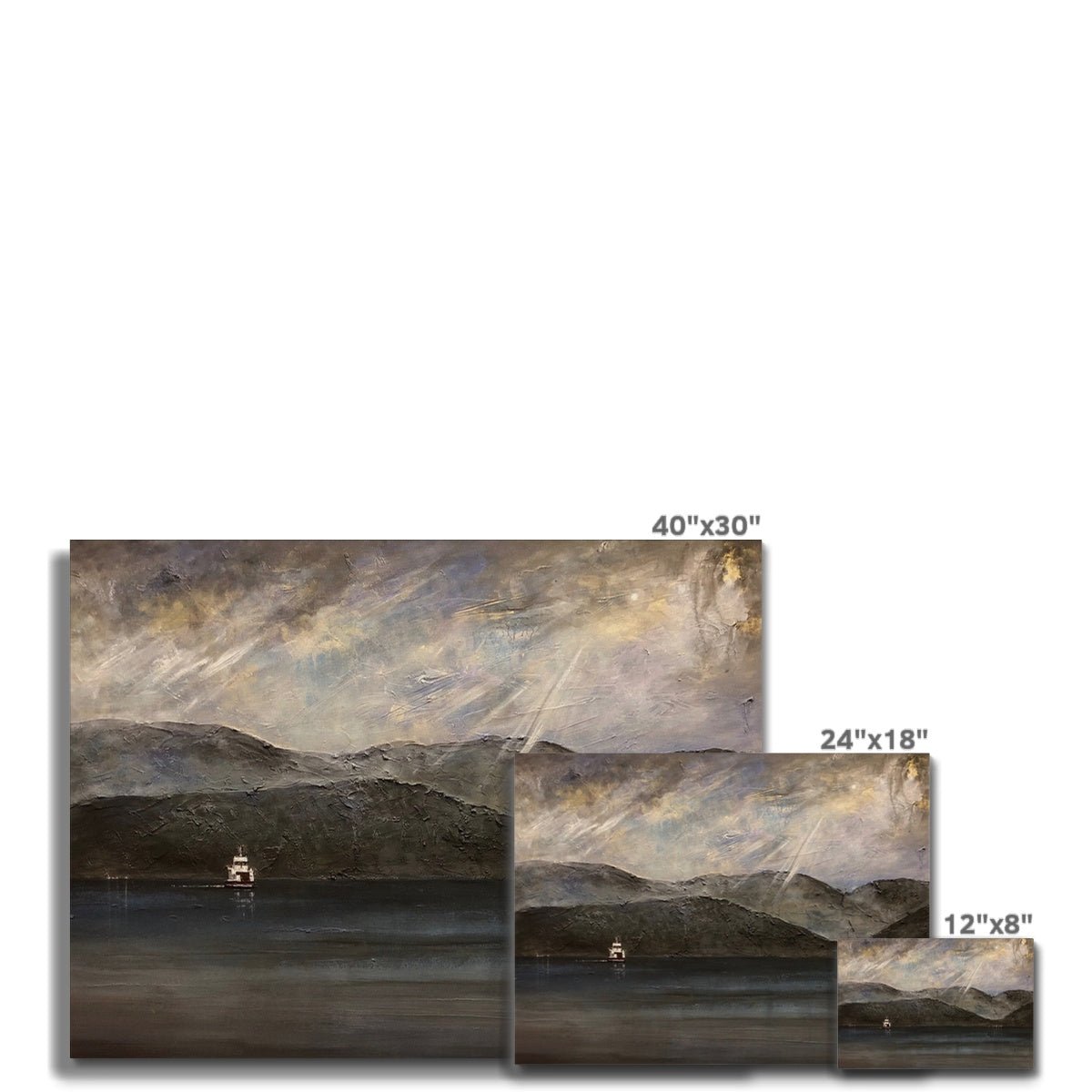 Lochranza Moonlit Ferry Painting | Canvas From Scotland-Contemporary Stretched Canvas Prints-Arran Art Gallery-Paintings, Prints, Homeware, Art Gifts From Scotland By Scottish Artist Kevin Hunter