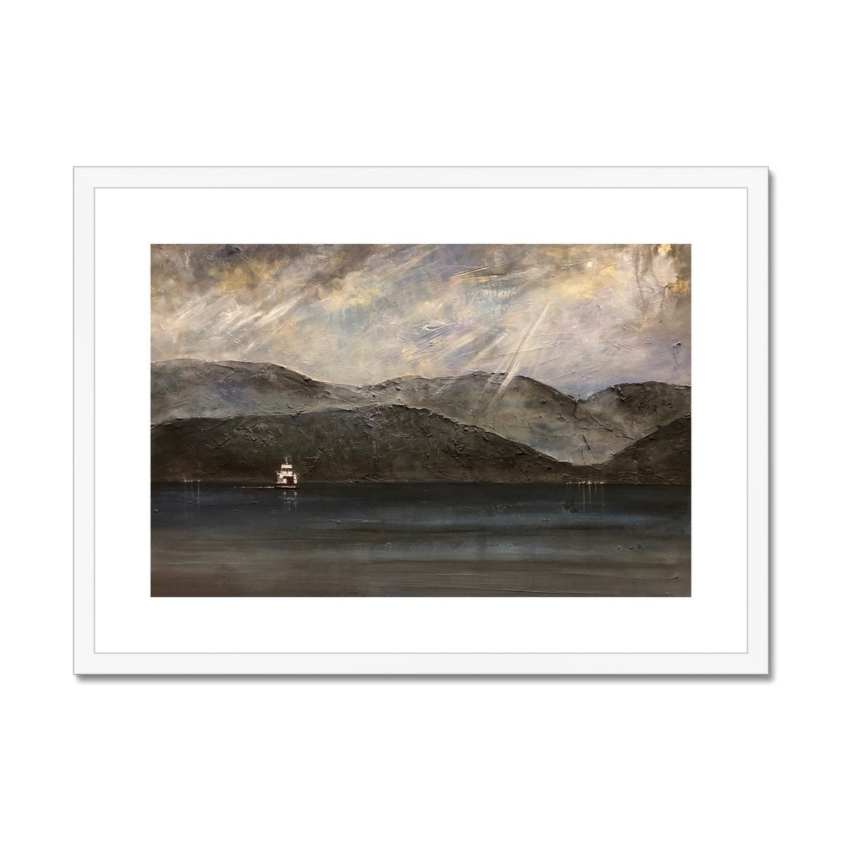 Lochranza Moonlit Ferry Painting | Framed & Mounted Prints From Scotland-Framed & Mounted Prints-Arran Art Gallery-A2 Landscape-White Frame-Paintings, Prints, Homeware, Art Gifts From Scotland By Scottish Artist Kevin Hunter