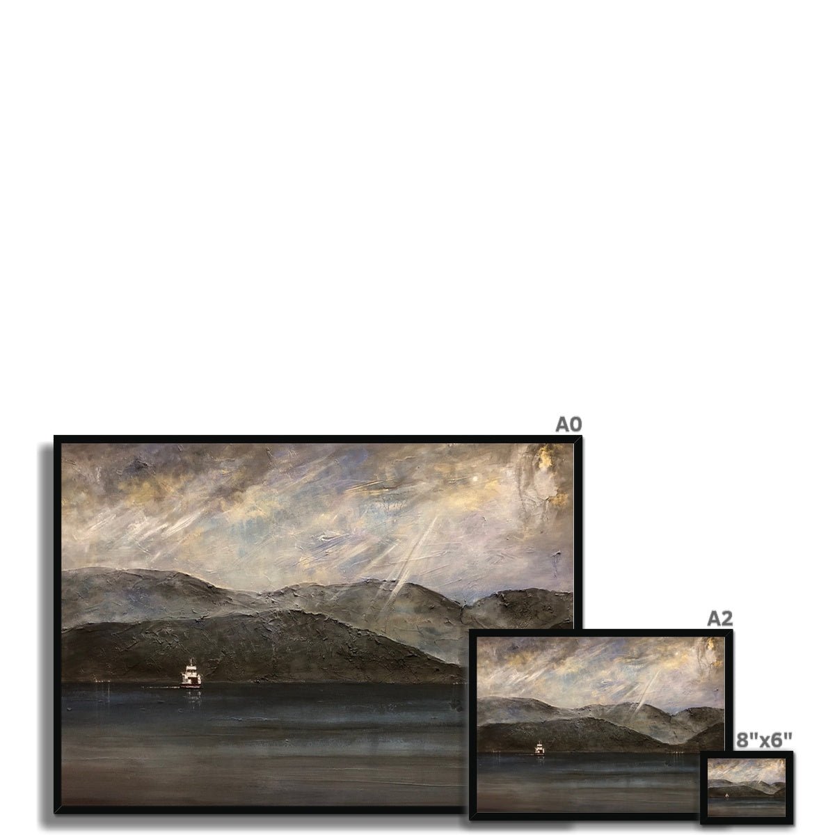 Lochranza Moonlit Ferry Painting | Framed Prints From Scotland-Framed Prints-Arran Art Gallery-Paintings, Prints, Homeware, Art Gifts From Scotland By Scottish Artist Kevin Hunter