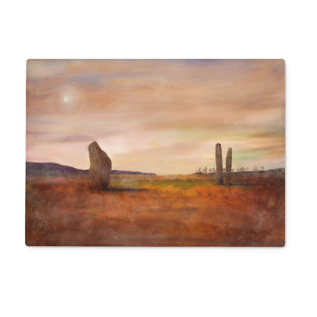 Machrie Moor Arran Art Gifts Glass Chopping Board | Arran Art Gallery | Paintings, Prints, Homeware and Art Gifts From Scotland By Scottish Artist Kevin Hunter