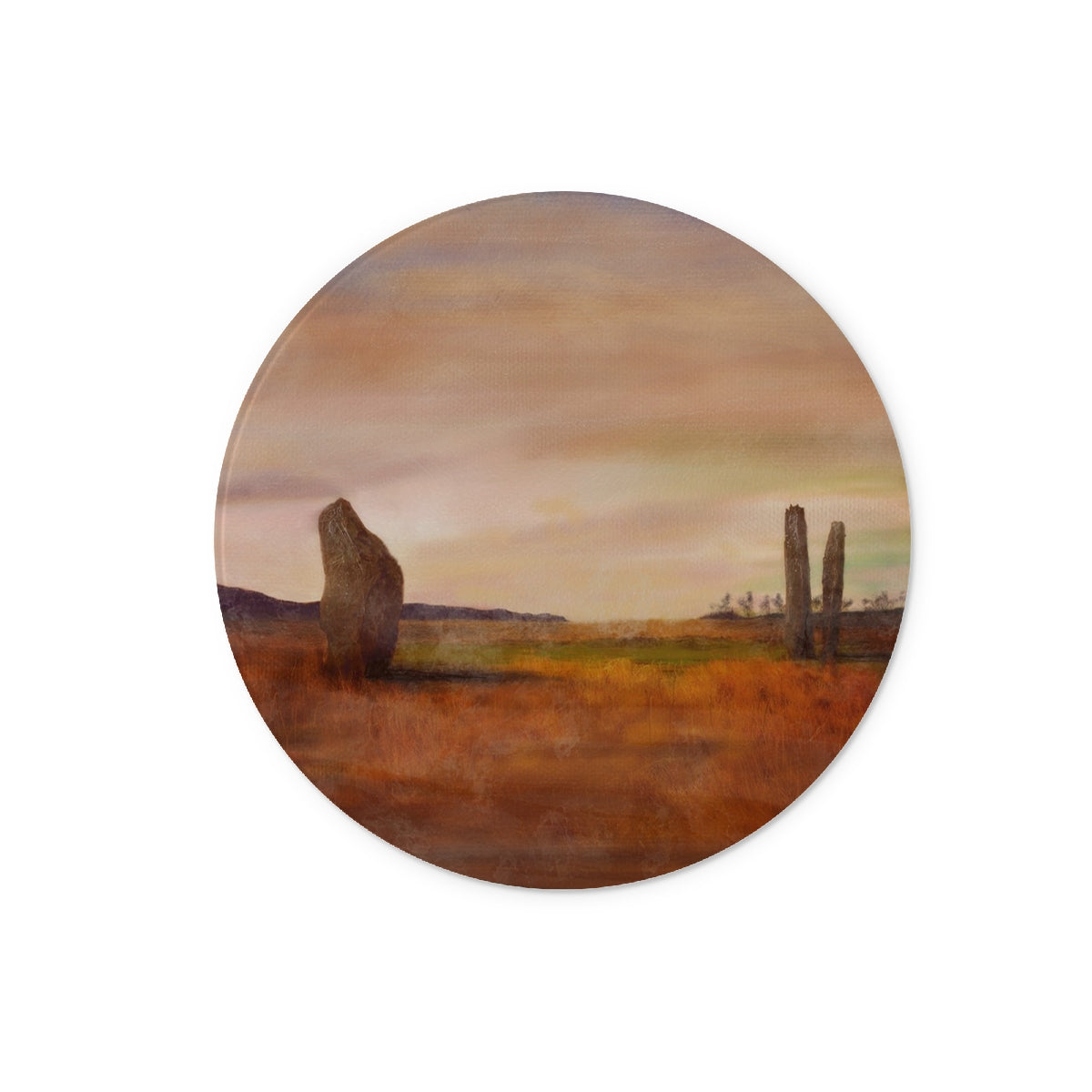 Machrie Moor Arran Art Gifts Glass Chopping Board | Arran Art Gallery | Paintings, Prints, Homeware and Art Gifts From Scotland By Scottish Artist Kevin Hunter