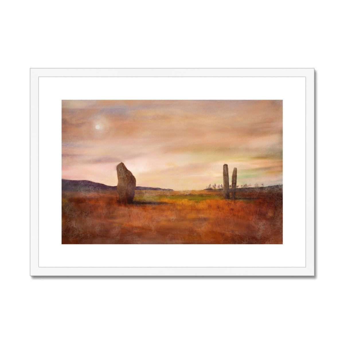 Machrie Moor Moonlight Painting | Framed & Mounted Prints From Scotland-Framed & Mounted Prints-Arran Art Gallery-A2 Landscape-White Frame-Paintings, Prints, Homeware, Art Gifts From Scotland By Scottish Artist Kevin Hunter