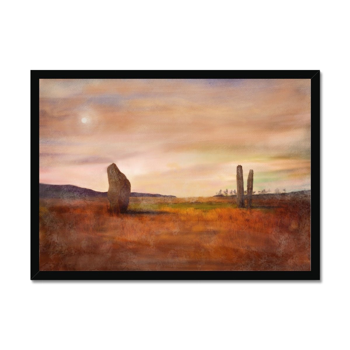 Machrie Moor Moonlight Painting | Framed Prints From Scotland-Framed Prints-Arran Art Gallery-A2 Landscape-Black Frame-Paintings, Prints, Homeware, Art Gifts From Scotland By Scottish Artist Kevin Hunter