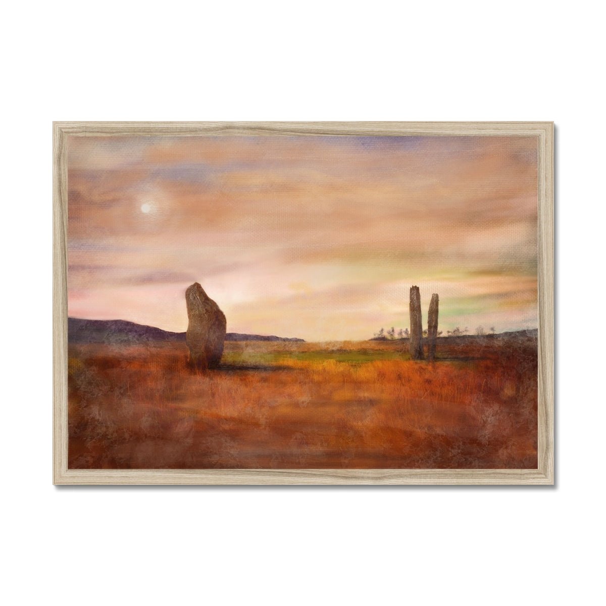 Machrie Moor Moonlight Painting | Framed Prints From Scotland-Framed Prints-Arran Art Gallery-A2 Landscape-Natural Frame-Paintings, Prints, Homeware, Art Gifts From Scotland By Scottish Artist Kevin Hunter