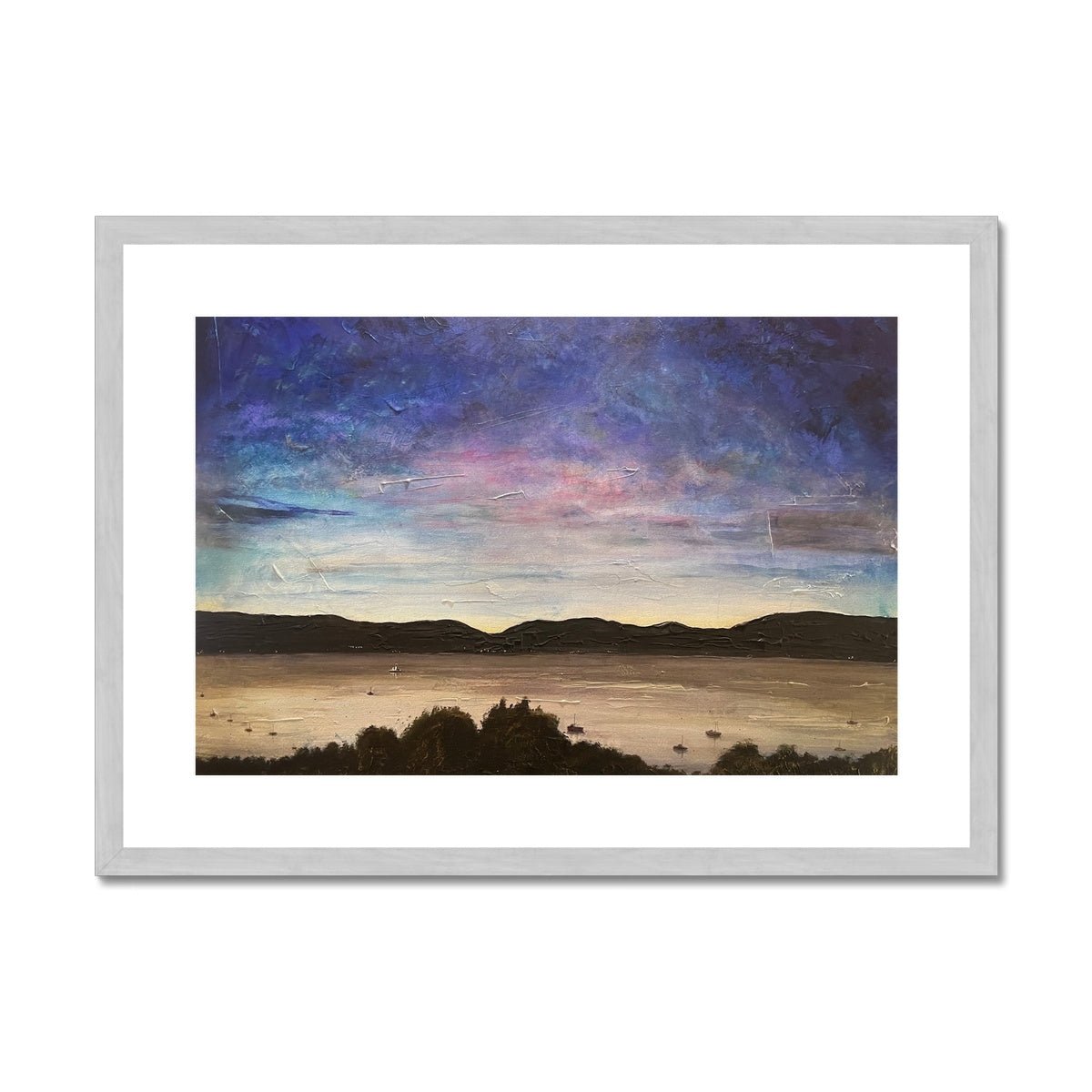 River Clyde Twilight Painting | Antique Framed & Mounted Prints From Scotland-Antique Framed & Mounted Prints-River Clyde Art Gallery-A2 Landscape-Silver Frame-Paintings, Prints, Homeware, Art Gifts From Scotland By Scottish Artist Kevin Hunter