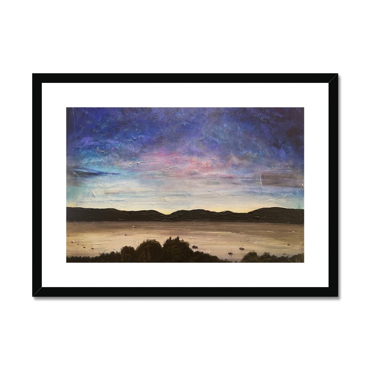 River Clyde Twilight Painting | Framed & Mounted Prints From Scotland-Framed & Mounted Prints-River Clyde Art Gallery-A2 Landscape-Black Frame-Paintings, Prints, Homeware, Art Gifts From Scotland By Scottish Artist Kevin Hunter
