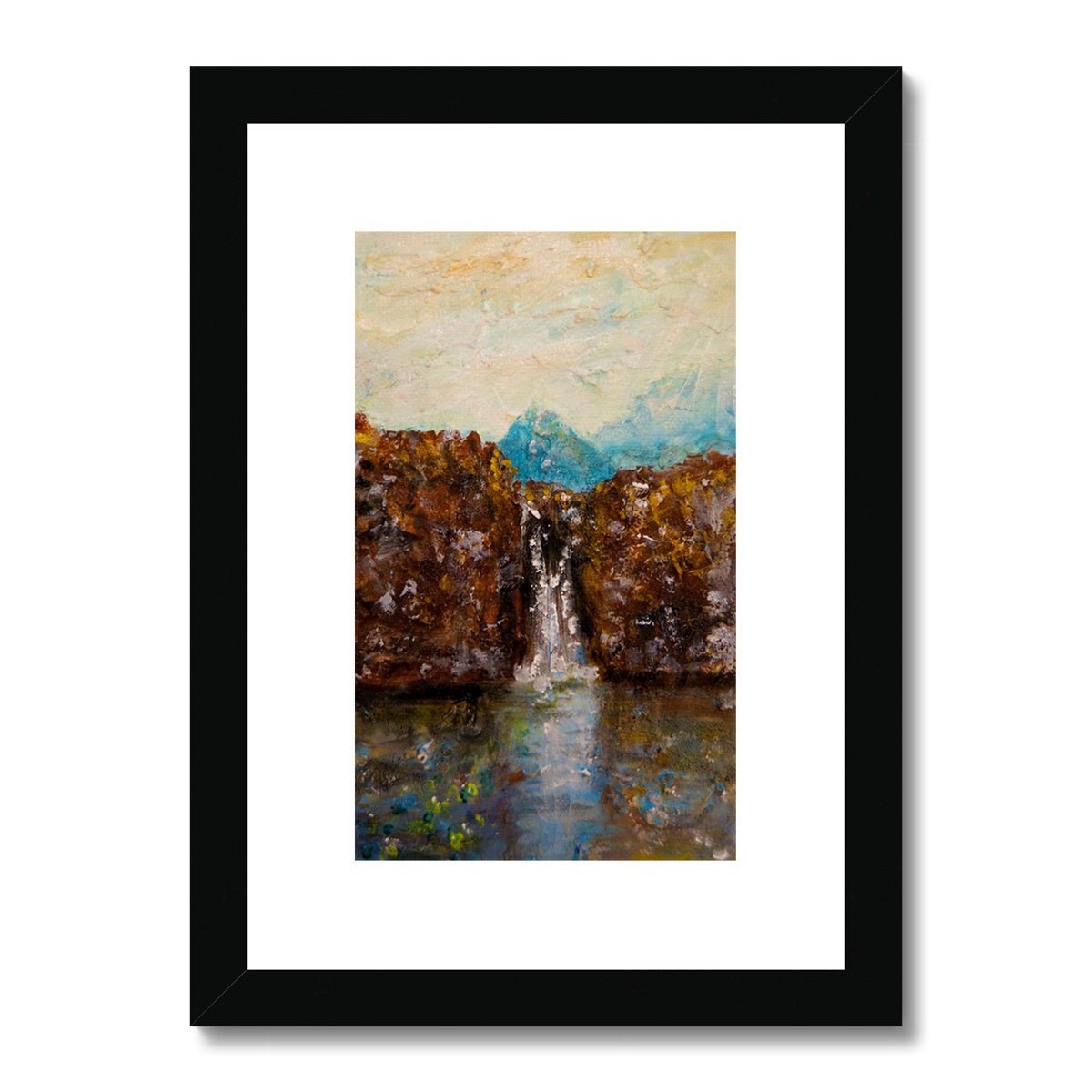 Skye Fairy Pools Painting | Framed & Mounted Prints From Scotland-Framed & Mounted Prints-Skye Art Gallery-A4 Portrait-Black Frame-Paintings, Prints, Homeware, Art Gifts From Scotland By Scottish Artist Kevin Hunter