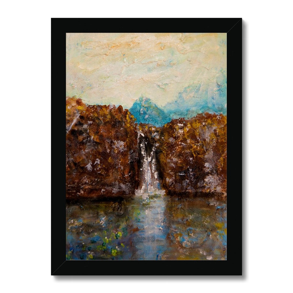 Skye Fairy Pools Painting | Framed Prints From Scotland-Framed Prints-Skye Art Gallery-A4 Portrait-Black Frame-Paintings, Prints, Homeware, Art Gifts From Scotland By Scottish Artist Kevin Hunter