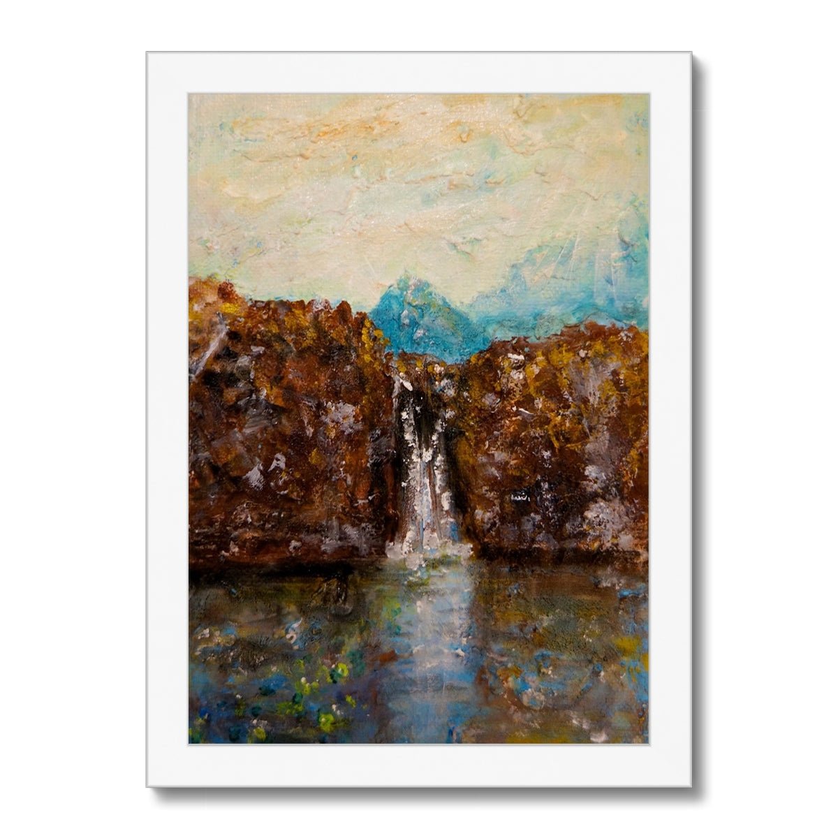 Skye Fairy Pools Painting | Framed Prints From Scotland-Framed Prints-Skye Art Gallery-A4 Portrait-White Frame-Paintings, Prints, Homeware, Art Gifts From Scotland By Scottish Artist Kevin Hunter