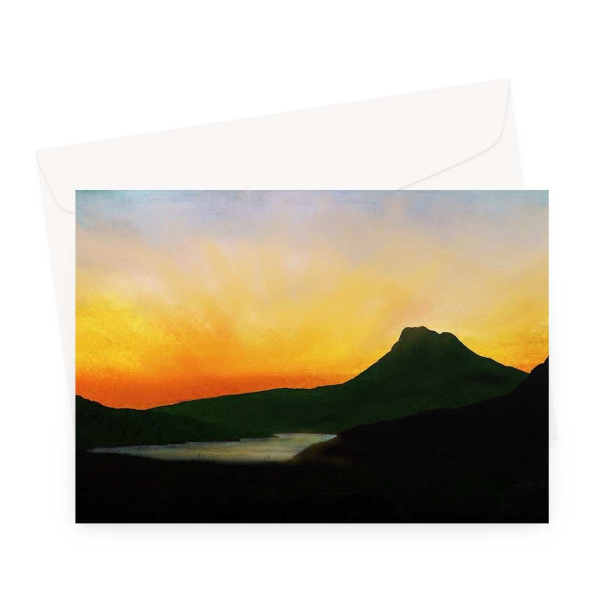 Stac Pollaidh Dusk Scottish Art Gifts Greeting Card | Scottish Lochs &amp; Mountains Art Gallery | Paintings, Prints, Homeware and Art Gifts From Scotland By Scottish Artist Kevin Hunter