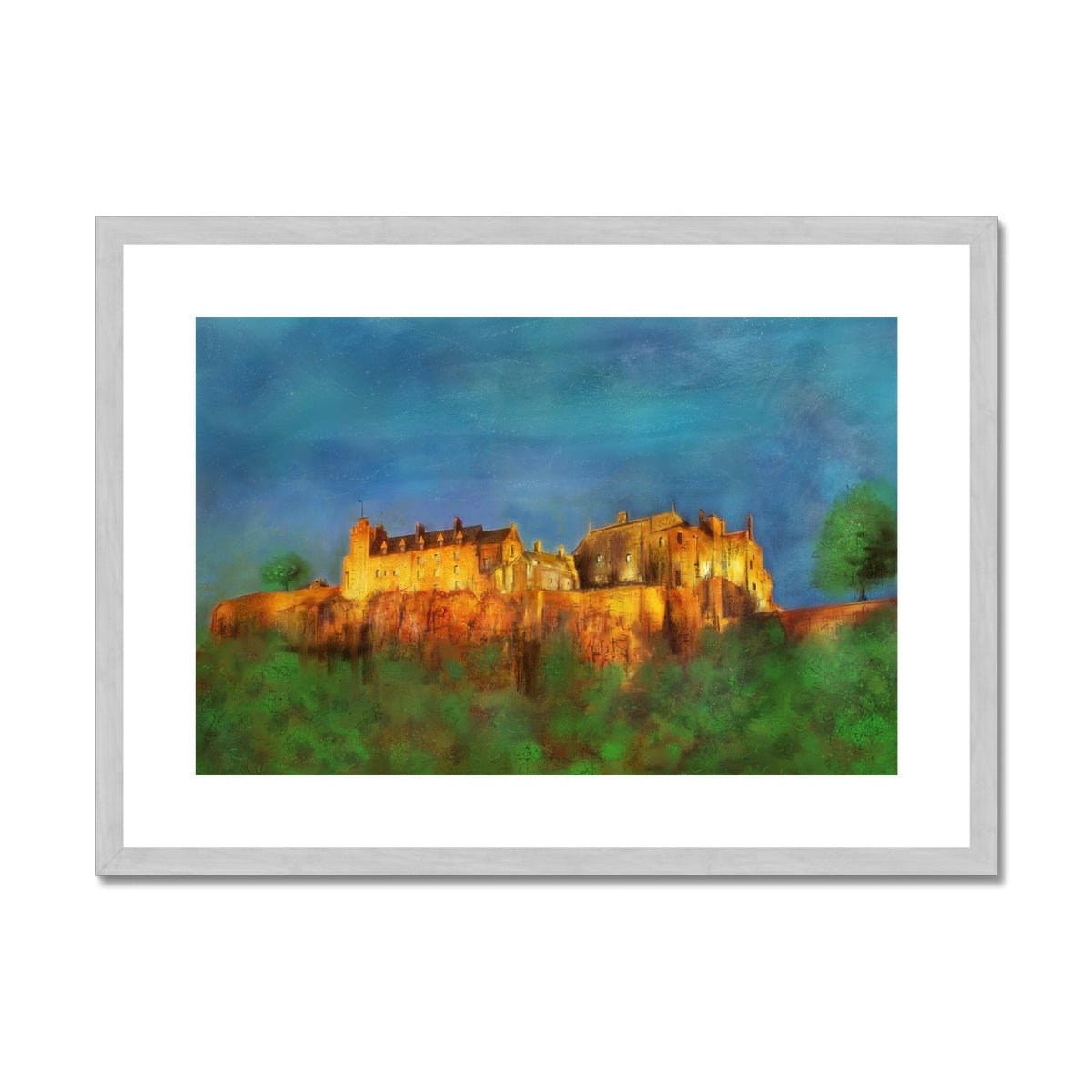 Stirling Castle Painting | Antique Framed & Mounted Prints From Scotland-Antique Framed & Mounted Prints-Historic & Iconic Scotland Art Gallery-A2 Landscape-Silver Frame-Paintings, Prints, Homeware, Art Gifts From Scotland By Scottish Artist Kevin Hunter