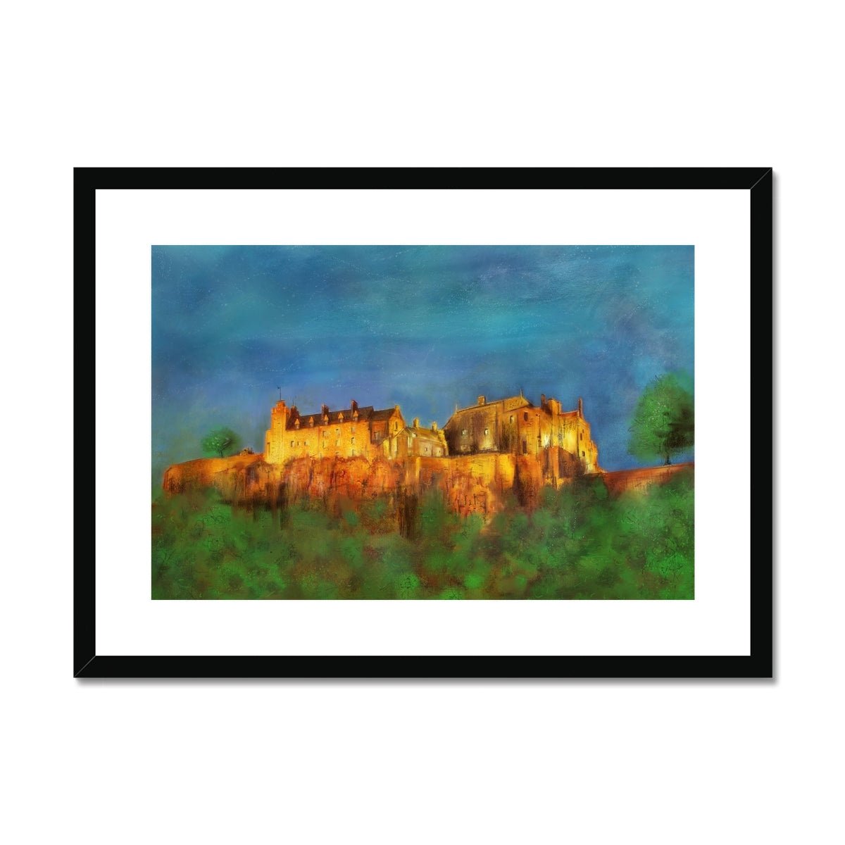Stirling Castle Painting | Framed & Mounted Prints From Scotland-Framed & Mounted Prints-Historic & Iconic Scotland Art Gallery-A2 Landscape-Black Frame-Paintings, Prints, Homeware, Art Gifts From Scotland By Scottish Artist Kevin Hunter