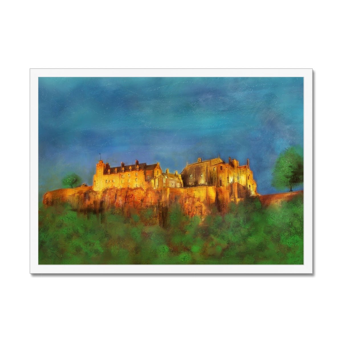 Stirling Castle Painting | Framed Prints From Scotland-Framed Prints-Historic & Iconic Scotland Art Gallery-A2 Landscape-White Frame-Paintings, Prints, Homeware, Art Gifts From Scotland By Scottish Artist Kevin Hunter