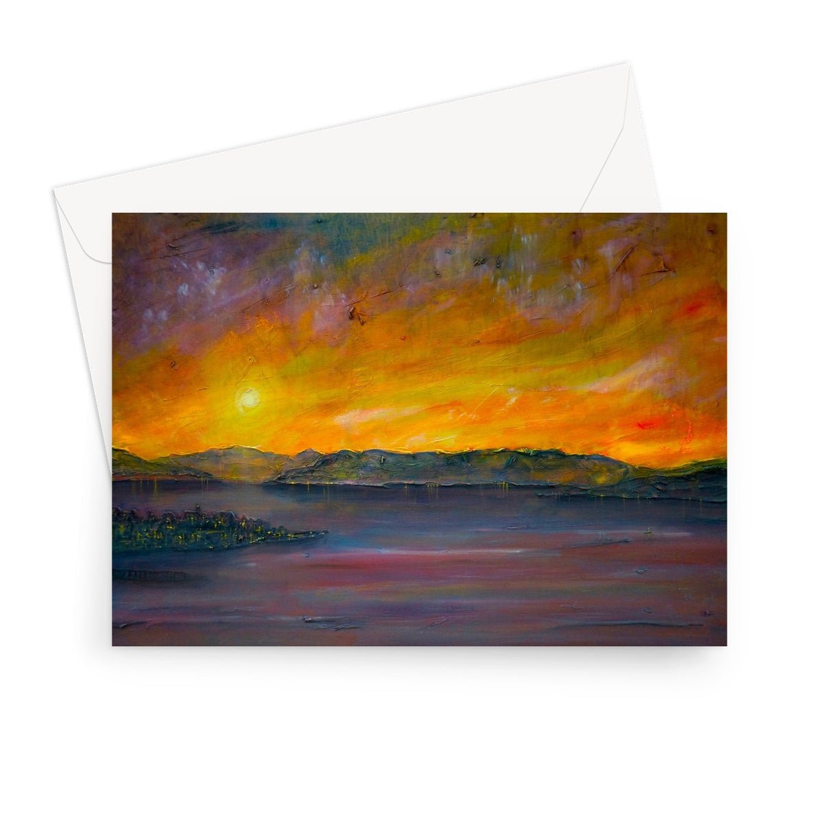 Sunset Over Gourock Art Gifts Greeting Card-Greetings Cards-River Clyde Art Gallery-7"x5"-10 Cards-Paintings, Prints, Homeware, Art Gifts From Scotland By Scottish Artist Kevin Hunter