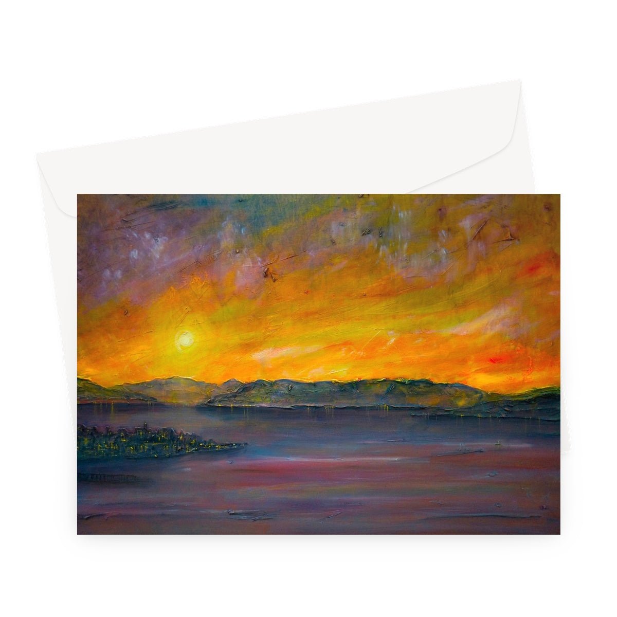 Sunset Over Gourock Art Gifts Greeting Card-Greetings Cards-River Clyde Art Gallery-A5 Landscape-10 Cards-Paintings, Prints, Homeware, Art Gifts From Scotland By Scottish Artist Kevin Hunter