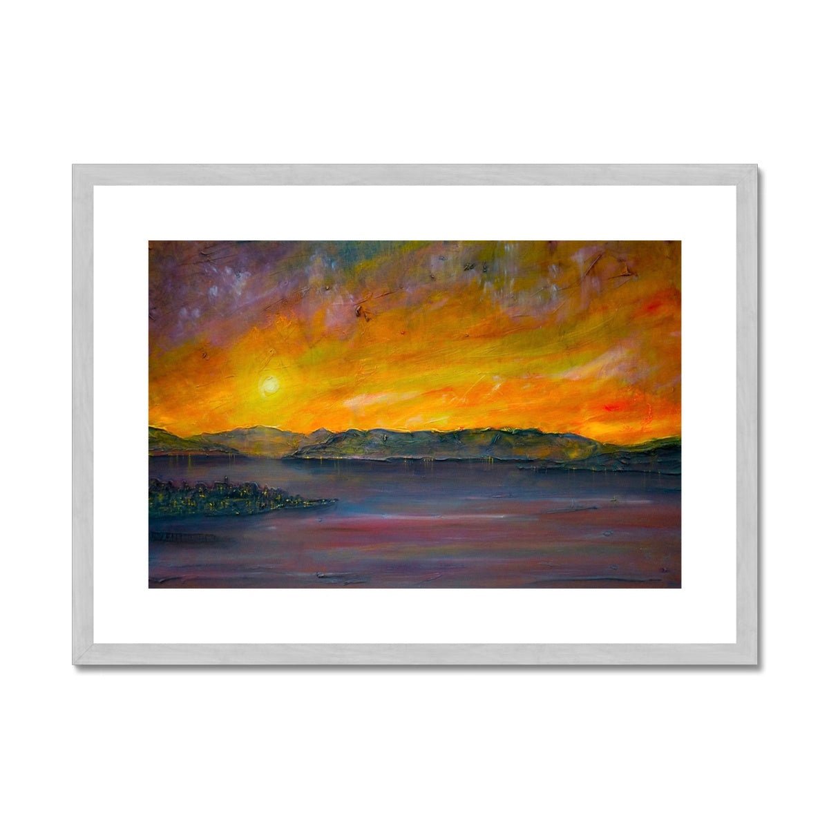 Sunset Over Gourock Painting | Antique Framed & Mounted Prints From Scotland-Antique Framed & Mounted Prints-River Clyde Art Gallery-A2 Landscape-Silver Frame-Paintings, Prints, Homeware, Art Gifts From Scotland By Scottish Artist Kevin Hunter