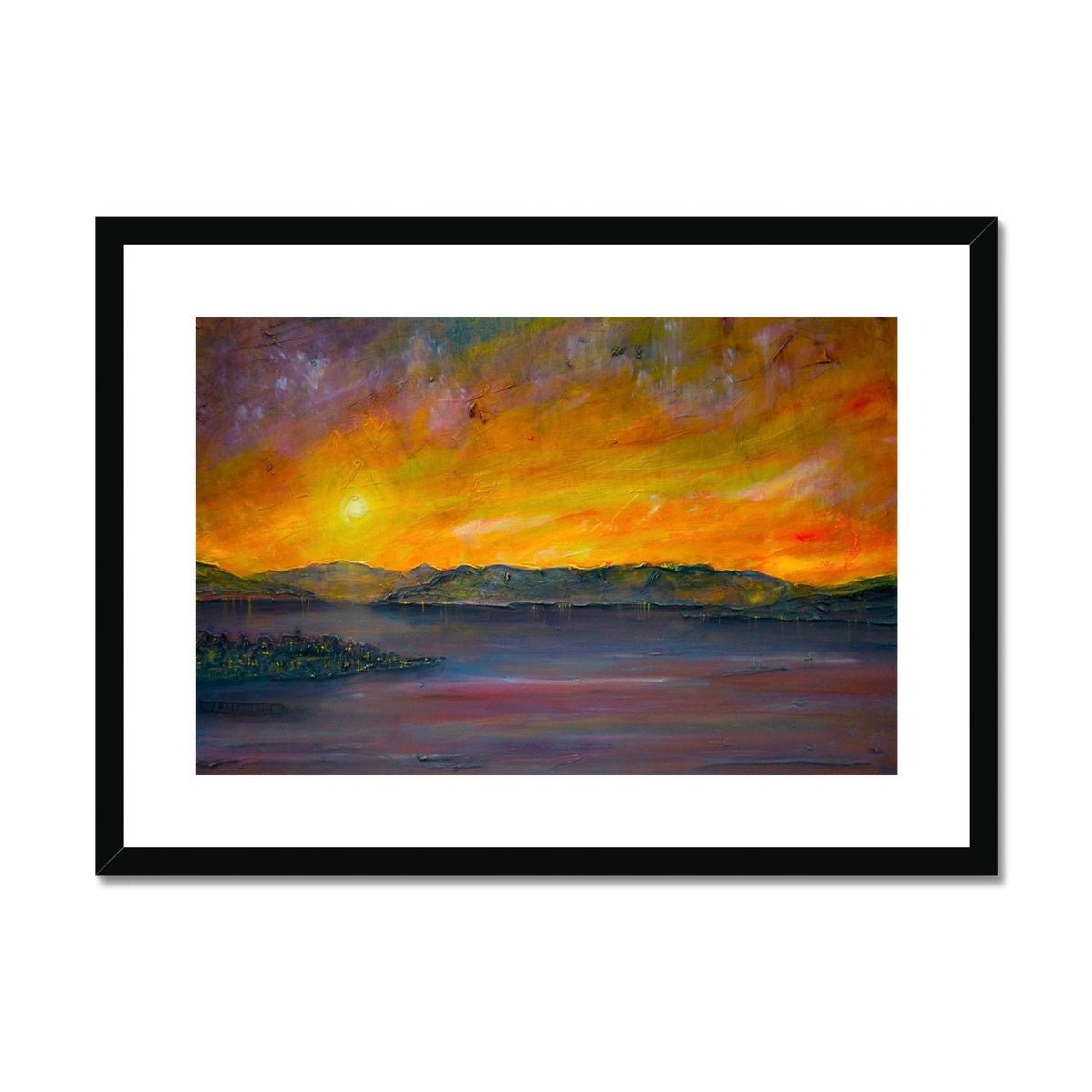 Sunset Over Gourock Painting | Framed & Mounted Prints From Scotland-Framed & Mounted Prints-River Clyde Art Gallery-A2 Landscape-Black Frame-Paintings, Prints, Homeware, Art Gifts From Scotland By Scottish Artist Kevin Hunter