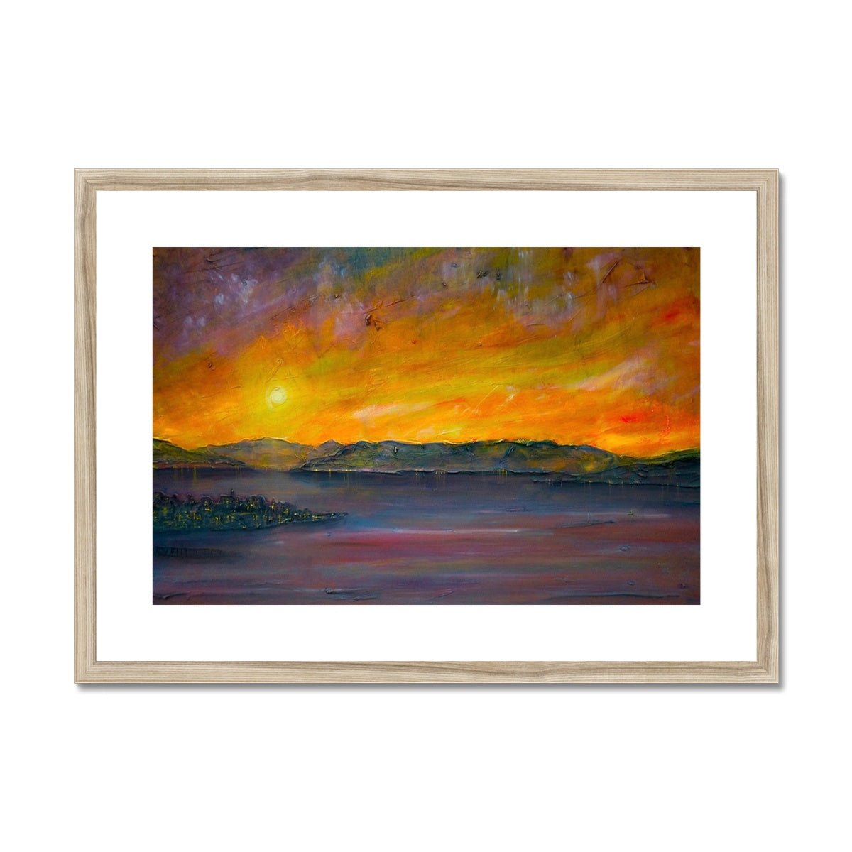 Sunset Over Gourock Painting | Framed & Mounted Prints From Scotland-Framed & Mounted Prints-River Clyde Art Gallery-A2 Landscape-Natural Frame-Paintings, Prints, Homeware, Art Gifts From Scotland By Scottish Artist Kevin Hunter