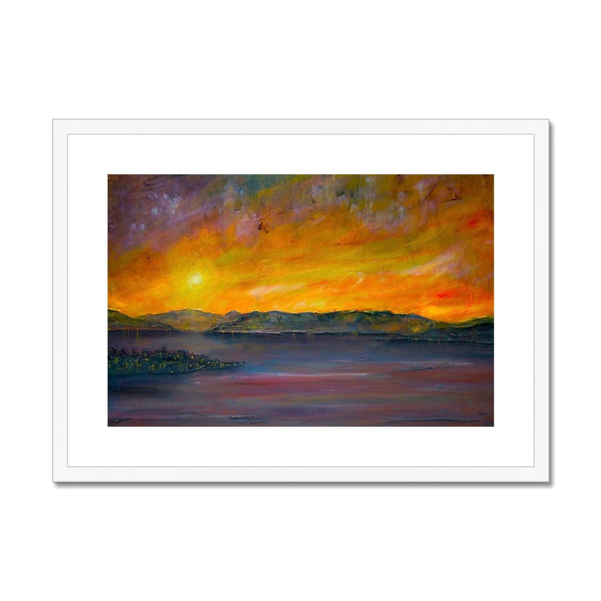 Sunset Over Gourock Painting | Framed & Mounted Prints From Scotland-Framed & Mounted Prints-River Clyde Art Gallery-A2 Landscape-White Frame-Paintings, Prints, Homeware, Art Gifts From Scotland By Scottish Artist Kevin Hunter