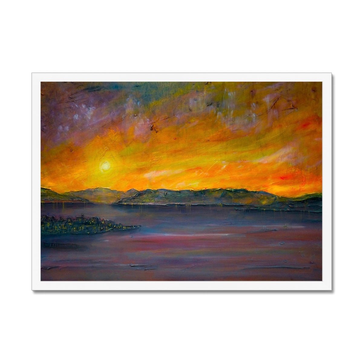 Sunset Over Gourock Painting | Framed Prints From Scotland-Framed Prints-River Clyde Art Gallery-A2 Landscape-White Frame-Paintings, Prints, Homeware, Art Gifts From Scotland By Scottish Artist Kevin Hunter