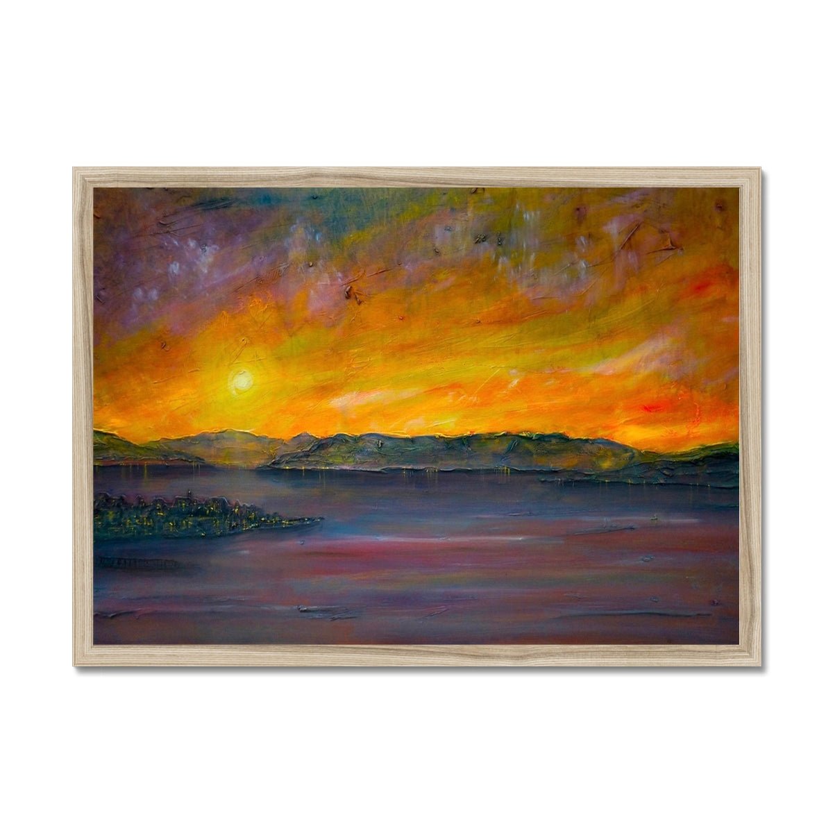 Sunset Over Gourock Painting | Framed Prints From Scotland-Framed Prints-River Clyde Art Gallery-A2 Landscape-Natural Frame-Paintings, Prints, Homeware, Art Gifts From Scotland By Scottish Artist Kevin Hunter