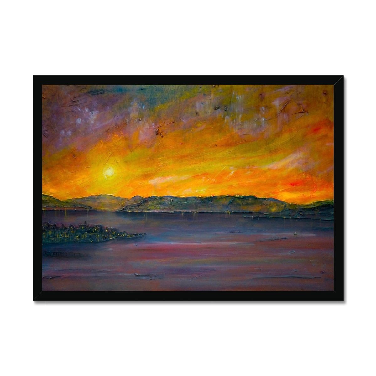 Sunset Over Gourock Painting | Framed Prints From Scotland-Framed Prints-River Clyde Art Gallery-A2 Landscape-Black Frame-Paintings, Prints, Homeware, Art Gifts From Scotland By Scottish Artist Kevin Hunter