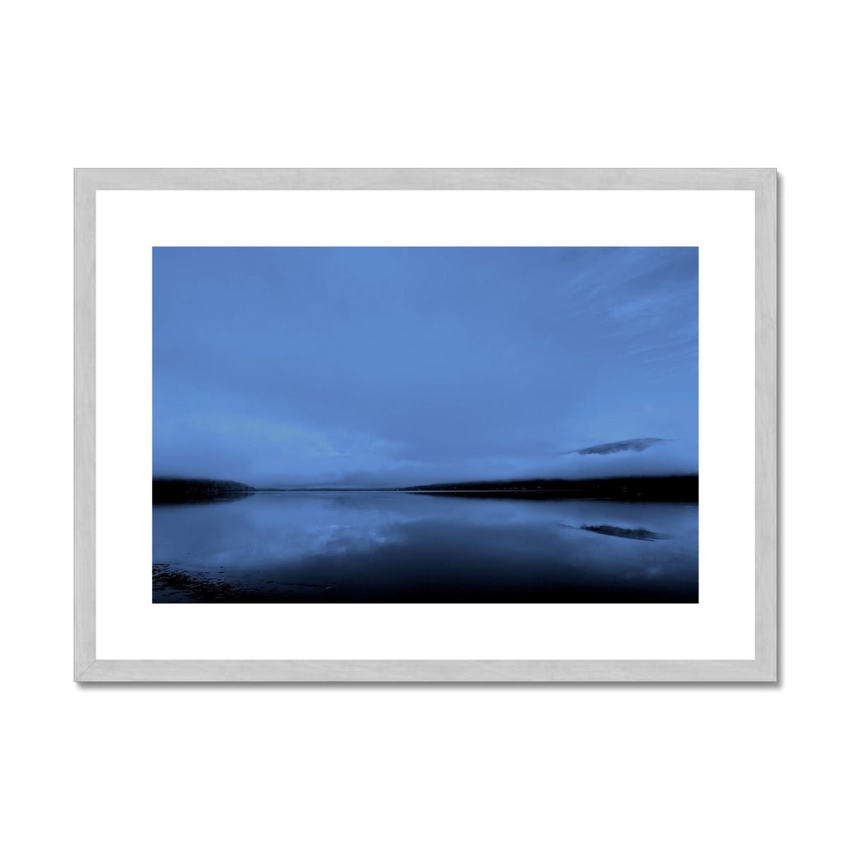 The Blue Hour Loch Fyne Painting | Antique Framed & Mounted Prints From Scotland-Antique Framed & Mounted Prints-Scottish Lochs & Mountains Art Gallery-A2 Landscape-Silver Frame-Paintings, Prints, Homeware, Art Gifts From Scotland By Scottish Artist Kevin Hunter
