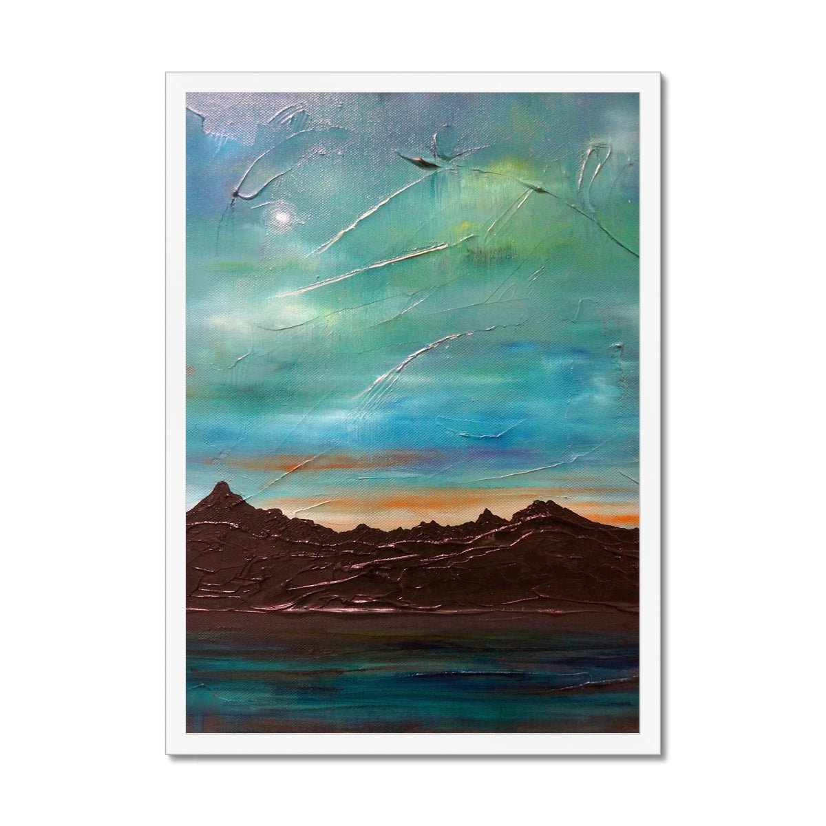 The Cuillin From Elgol Skye Painting | Framed Prints From Scotland-Framed Prints-Skye Art Gallery-A2 Portrait-White Frame-Paintings, Prints, Homeware, Art Gifts From Scotland By Scottish Artist Kevin Hunter