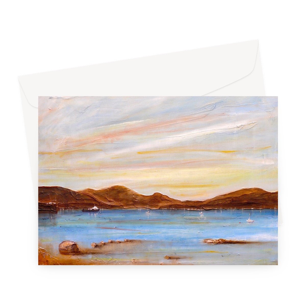 The Last Ferry To Dunoon Art Gifts Greeting Card-Greetings Cards-River Clyde Art Gallery-A5 Landscape-10 Cards-Paintings, Prints, Homeware, Art Gifts From Scotland By Scottish Artist Kevin Hunter