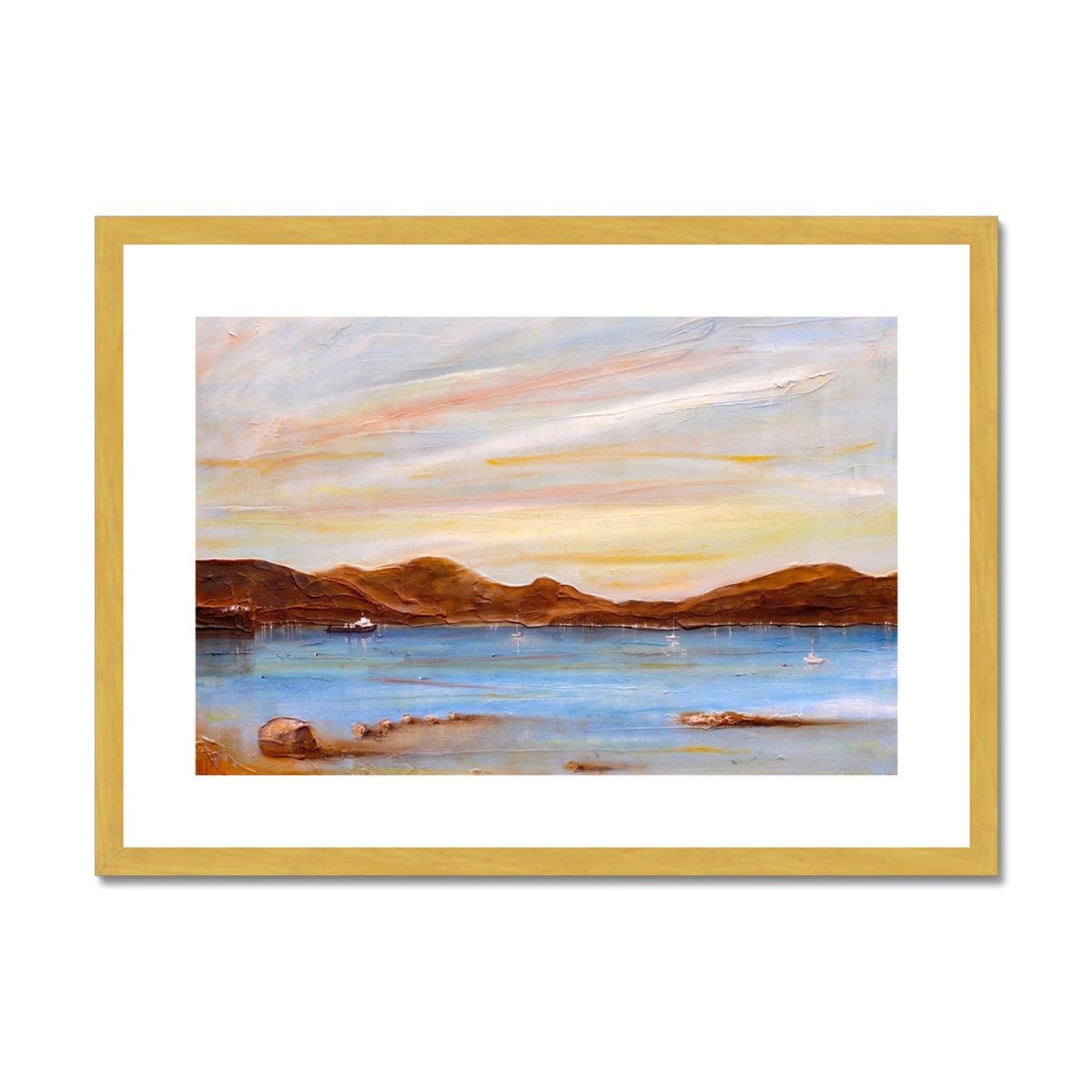 The Last Ferry To Dunoon Painting | Antique Framed & Mounted Prints From Scotland-Antique Framed & Mounted Prints-River Clyde Art Gallery-A2 Landscape-Gold Frame-Paintings, Prints, Homeware, Art Gifts From Scotland By Scottish Artist Kevin Hunter
