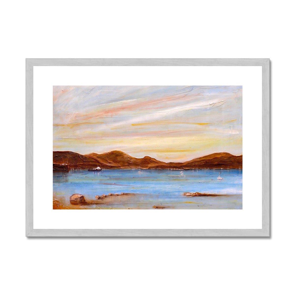 The Last Ferry To Dunoon Painting | Antique Framed & Mounted Prints From Scotland-Antique Framed & Mounted Prints-River Clyde Art Gallery-A2 Landscape-Silver Frame-Paintings, Prints, Homeware, Art Gifts From Scotland By Scottish Artist Kevin Hunter