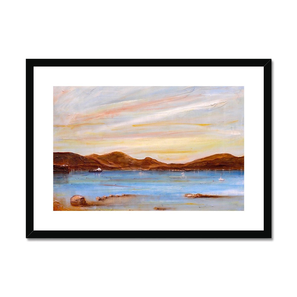 The Last Ferry To Dunoon Painting | Framed & Mounted Prints From Scotland-Framed & Mounted Prints-River Clyde Art Gallery-A2 Landscape-Black Frame-Paintings, Prints, Homeware, Art Gifts From Scotland By Scottish Artist Kevin Hunter