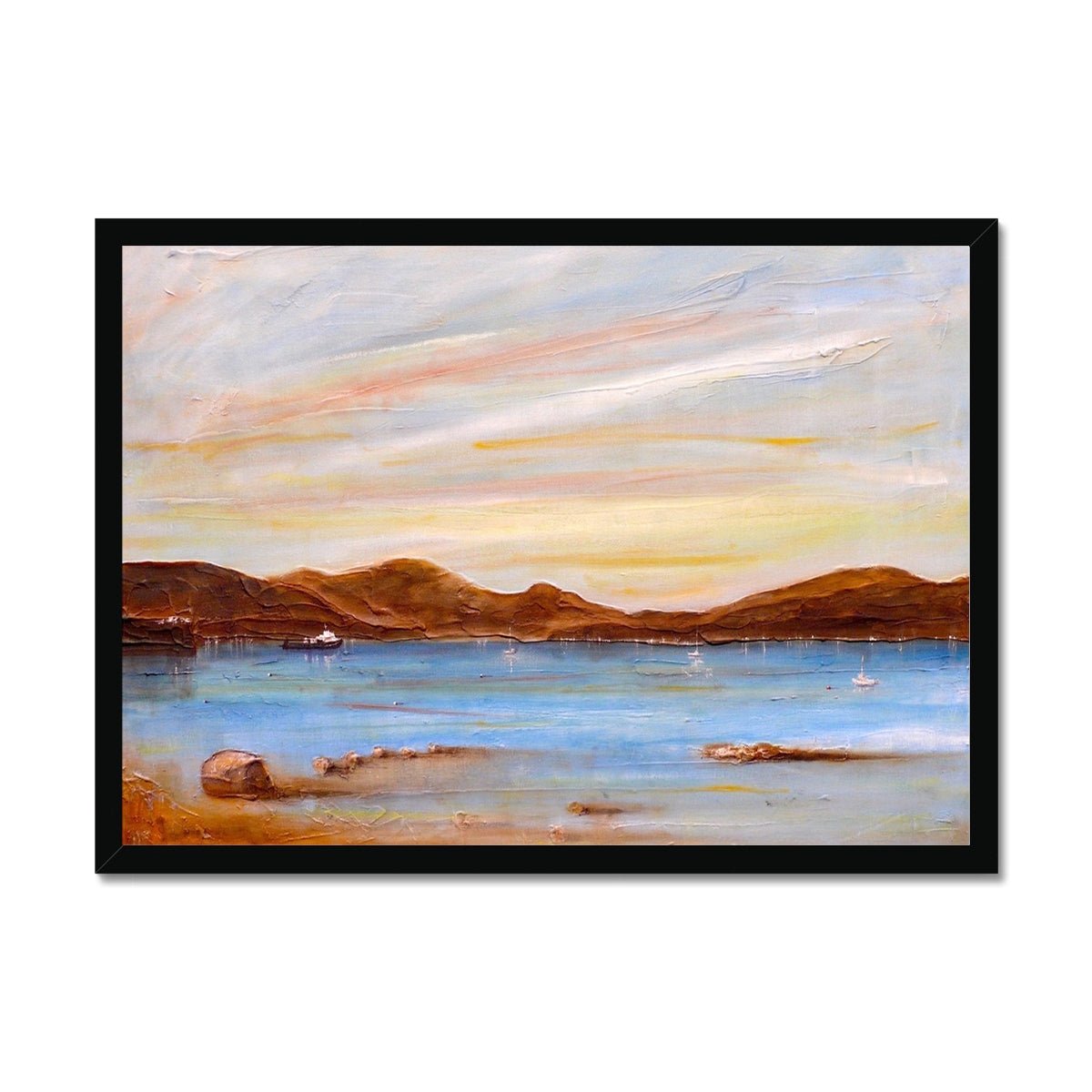 The Last Ferry To Dunoon Painting | Framed Prints From Scotland-Framed Prints-River Clyde Art Gallery-A2 Landscape-Black Frame-Paintings, Prints, Homeware, Art Gifts From Scotland By Scottish Artist Kevin Hunter