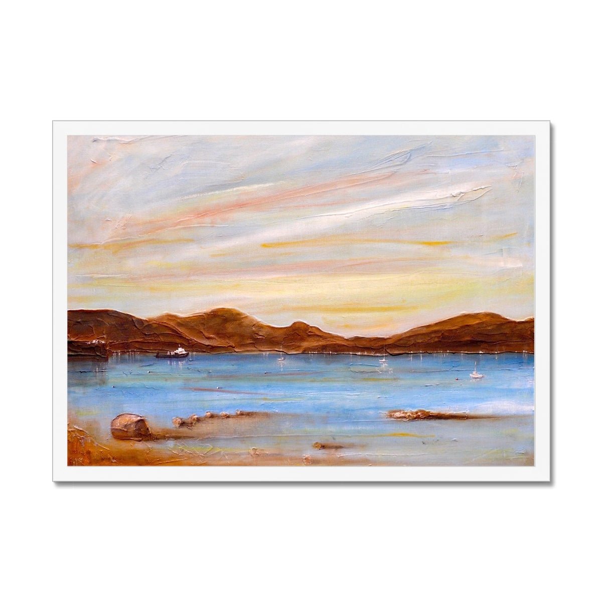 The Last Ferry To Dunoon Painting | Framed Prints From Scotland-Framed Prints-River Clyde Art Gallery-A2 Landscape-White Frame-Paintings, Prints, Homeware, Art Gifts From Scotland By Scottish Artist Kevin Hunter