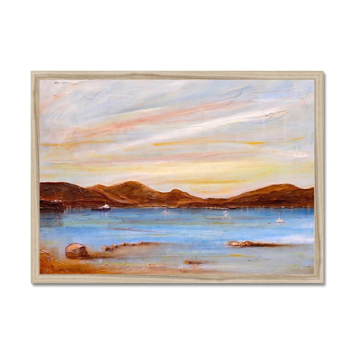 The Last Ferry To Dunoon Painting | Framed Prints From Scotland-Framed Prints-River Clyde Art Gallery-A2 Landscape-Natural Frame-Paintings, Prints, Homeware, Art Gifts From Scotland By Scottish Artist Kevin Hunter