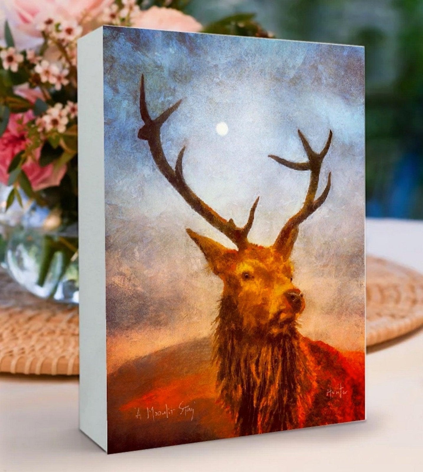 The Moonlit Mountain Stag Wooden Art Block-Wooden Art Blocks-Scottish Highlands & Lowlands Art Gallery-Paintings, Prints, Homeware, Art Gifts From Scotland By Scottish Artist Kevin Hunter