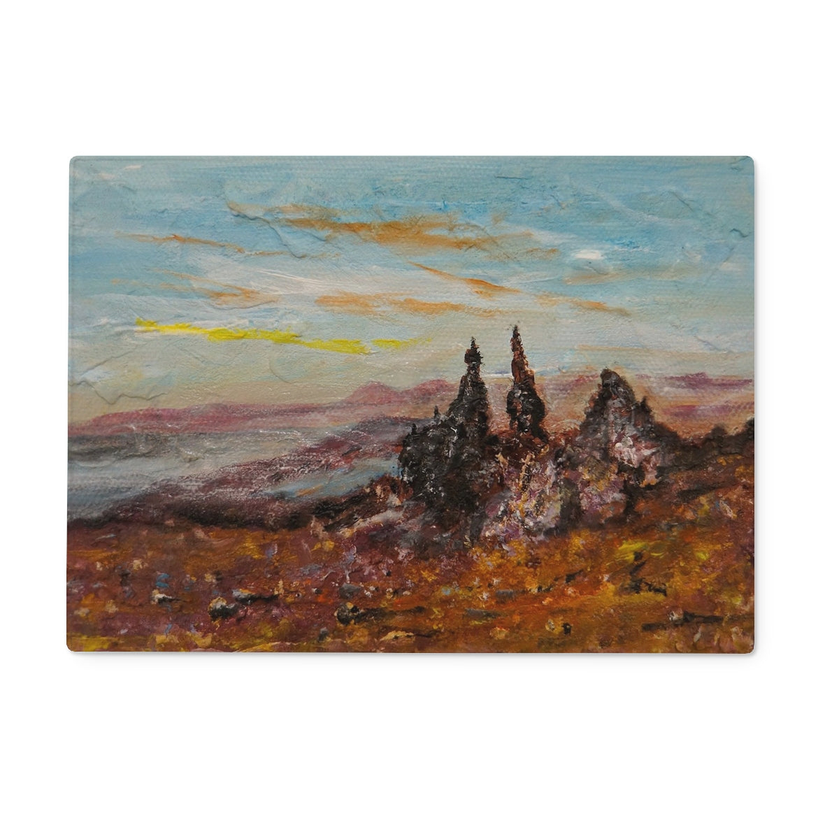 The Old Man Of Storr Skye Art Gifts Glass Chopping Board | Skye Art Gallery | Paintings, Prints, Homeware and Art Gifts From Scotland By Scottish Artist Kevin Hunter