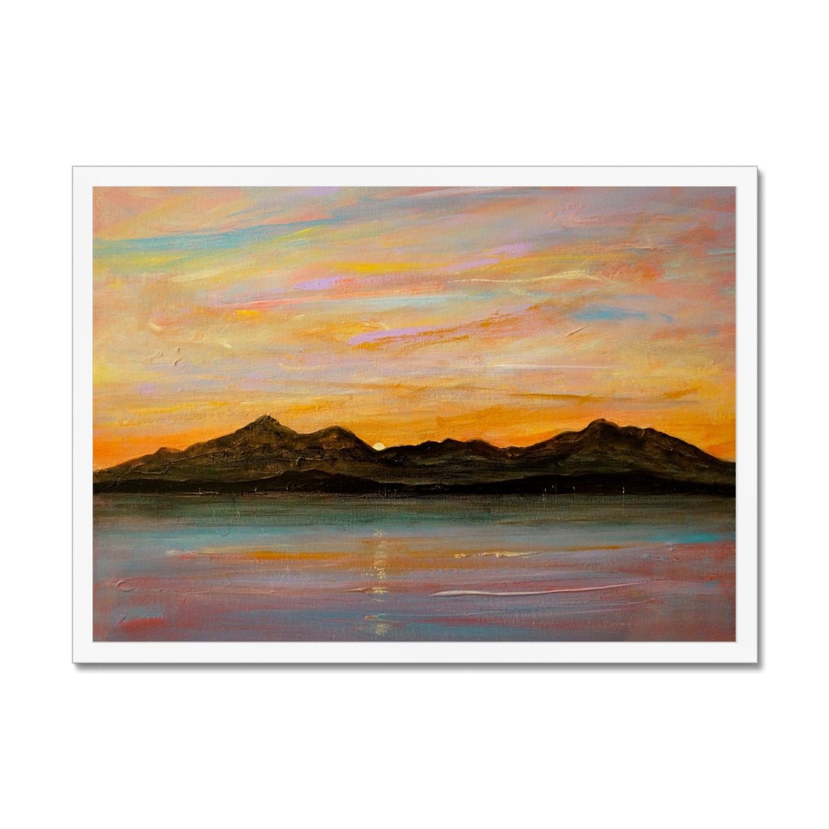 The Sleeping Warrior Arran Painting | Framed Prints From Scotland-Framed Prints-Arran Art Gallery-A2 Landscape-White Frame-Paintings, Prints, Homeware, Art Gifts From Scotland By Scottish Artist Kevin Hunter