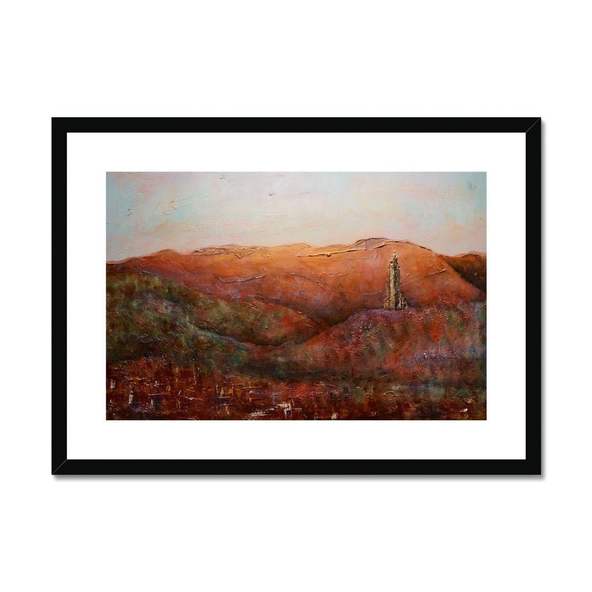 The Wallace Monument Painting | Framed & Mounted Prints From Scotland-Framed & Mounted Prints-Historic & Iconic Scotland Art Gallery-A2 Landscape-Black Frame-Paintings, Prints, Homeware, Art Gifts From Scotland By Scottish Artist Kevin Hunter