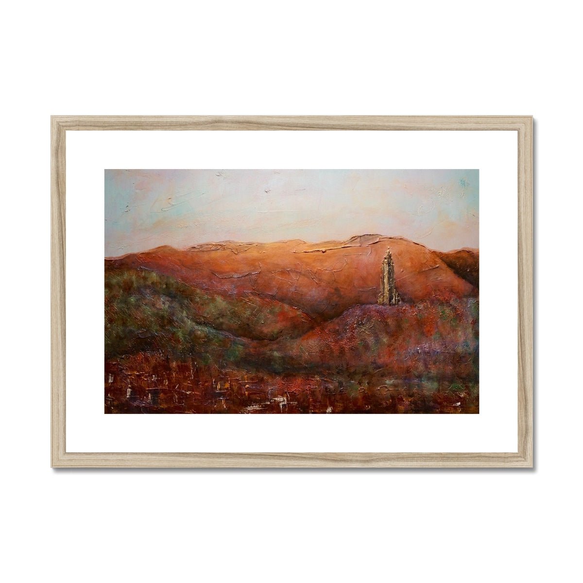 The Wallace Monument Painting | Framed & Mounted Prints From Scotland-Framed & Mounted Prints-Historic & Iconic Scotland Art Gallery-A2 Landscape-Natural Frame-Paintings, Prints, Homeware, Art Gifts From Scotland By Scottish Artist Kevin Hunter