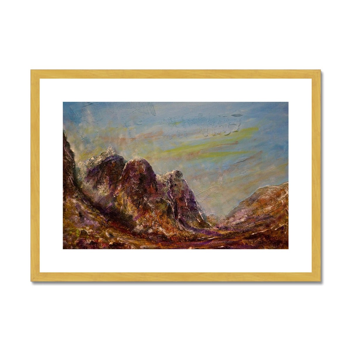 Three Sisters Glencoe Painting | Antique Framed & Mounted Prints From Scotland-Antique Framed & Mounted Prints-Glencoe Art Gallery-A2 Landscape-Gold Frame-Paintings, Prints, Homeware, Art Gifts From Scotland By Scottish Artist Kevin Hunter