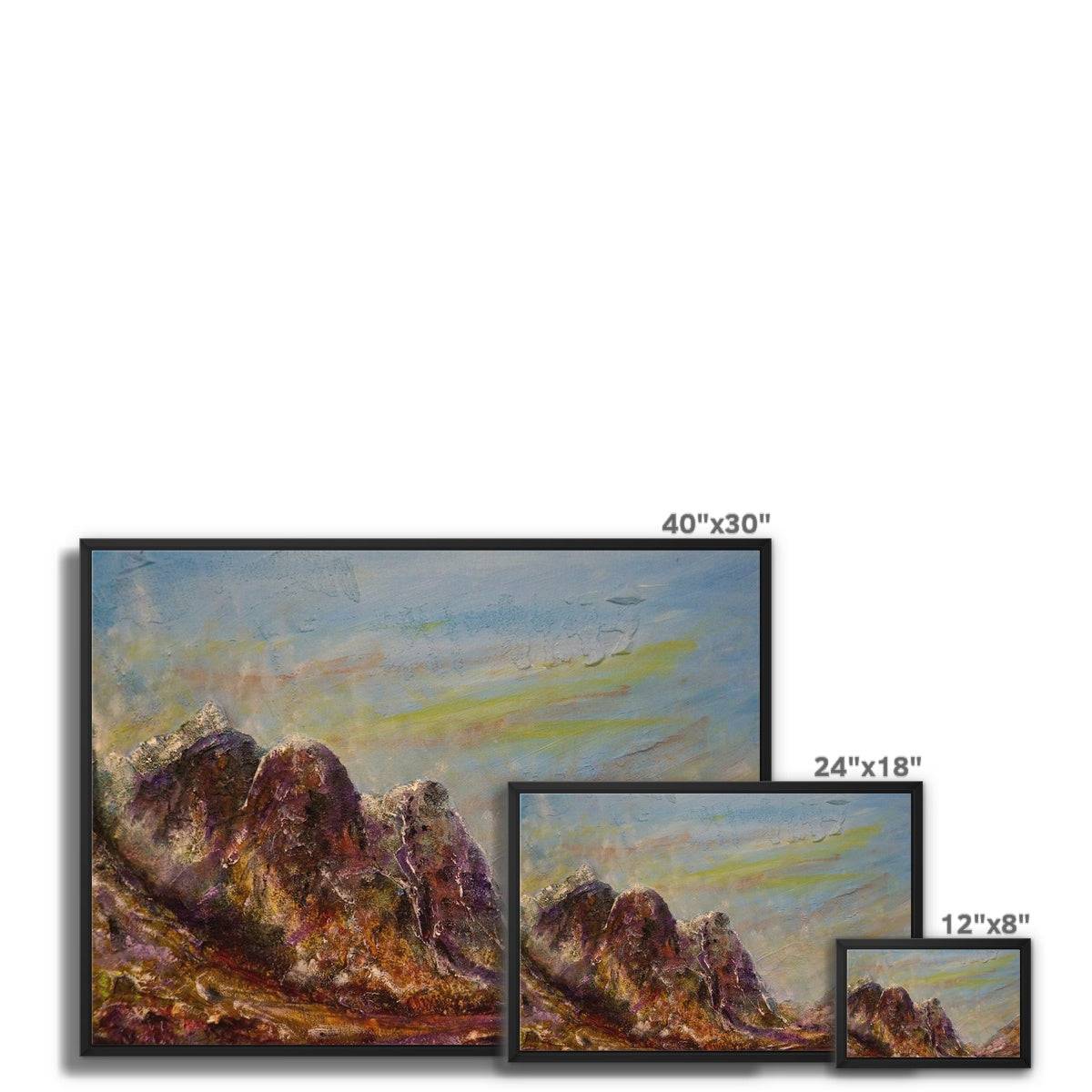 Three Sisters Glencoe Painting | Framed Canvas From Scotland-Floating Framed Canvas Prints-Glencoe Art Gallery-Paintings, Prints, Homeware, Art Gifts From Scotland By Scottish Artist Kevin Hunter